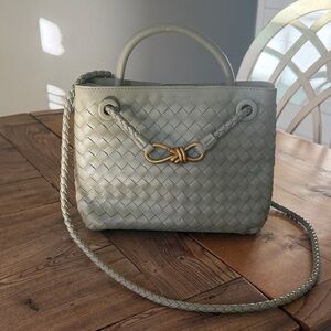 Woven mini tote crossbody sage green handbag with gold accents
